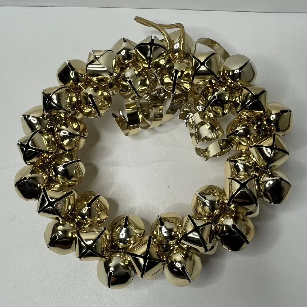 Christmas Gold Metal Holly Leaves Jingle Bells Wreath 9”